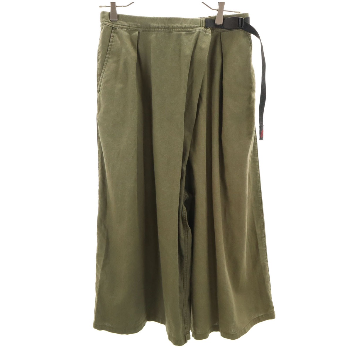 リネンブレンド ラップ フレアパンツ M カーキ アンクル丈 レディース 古着