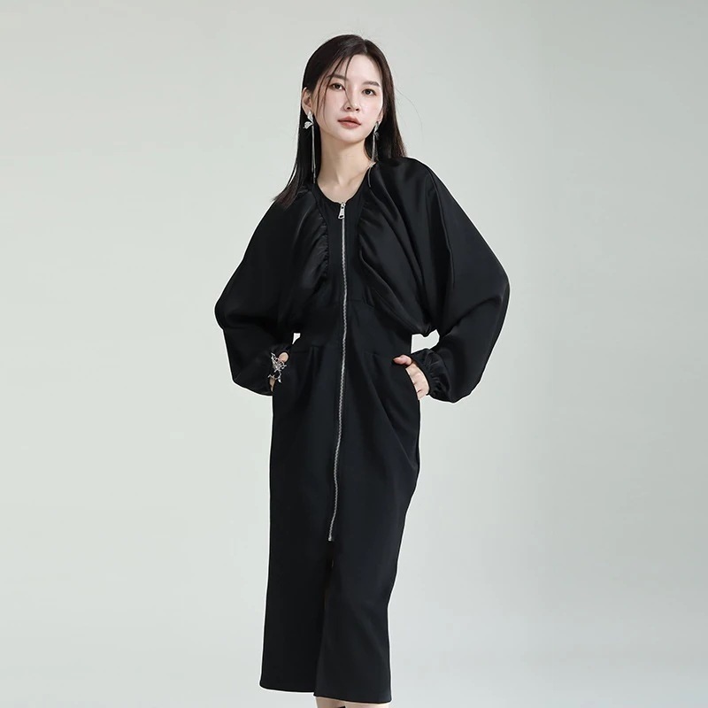 【J.Fashion】 春 ファスナーワンピース 膝上ロング丈 スリット 薄手 ドッキング ジップワンピース レディースロングワンピース 体型カバー 日焼け止め メガ割30%までに制限