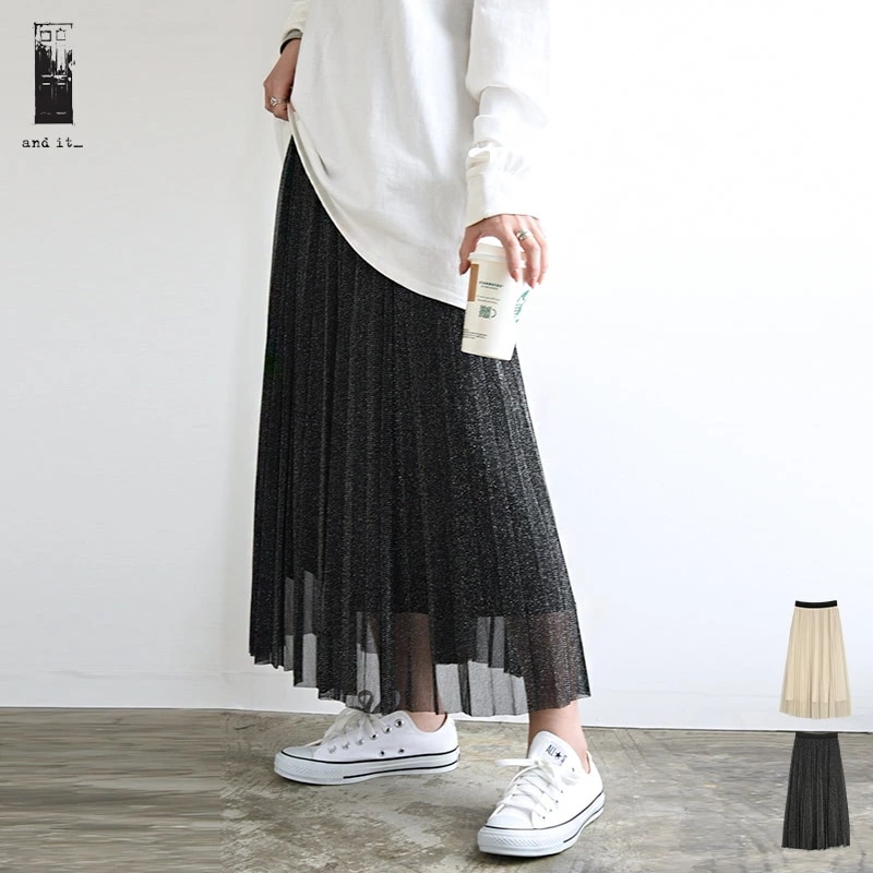 ラメプリーツスカート スカート 春 レディース ロング プリーツ ラメ きれいめ チュールスカート 大人 ひざ下 プリーツスカート 上品 ウエストゴム トレンド 裏地付き 着脱簡単 体型カバー お出か