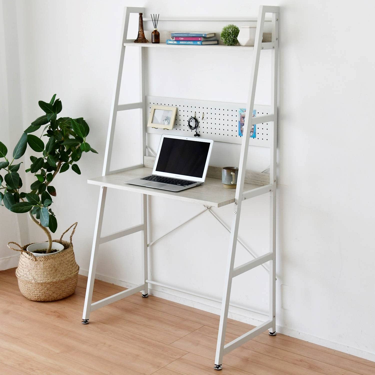 シェルフデスク (pcデスク) 磁石の付く有孔ボード 幅85.5×奥行51.5×高さ158.5cm 頑丈 パソコンデスク 机 勉強机 組立品 アンティークホワイト MRS 11734