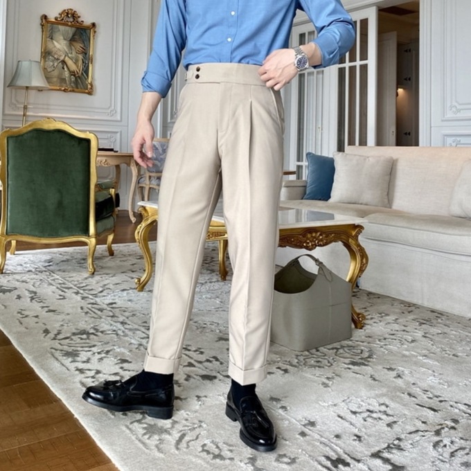 INSスタイル 九分丈パンツ ロールエッジ ロングパンツ 英国パンツ レトロ ビジネス カジュアル