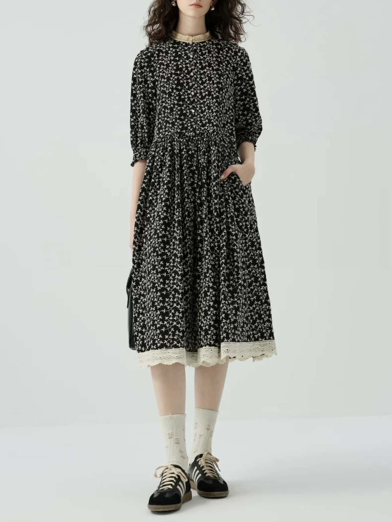 お一人様1点【フラワー刺繍 ロングワンピース】レーストリム付き ブラック 長袖 春夏秋 レディース M/Lサイズ 高品質コットン100% 上品 カジュアル クラシカル 【LPIUTY】