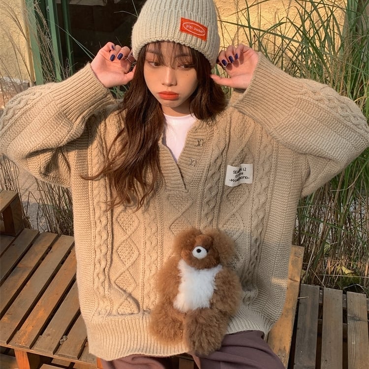 トップス ニットセーター ミディアム丈 Vネック 長袖 カジュアル シンプル レトロ かわいい