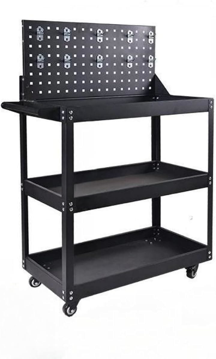 ツールワゴン ツールカート 3段 キャスター付き 耐荷重165KG 高さ111CM メッシュパネル付 ハンドル付 移動 黒(ブラック, 幅65.5CMx奥行36CMx高さ111CM)