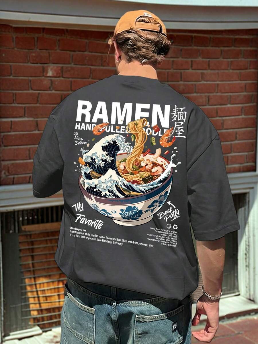 メンズカジュアルスポーツストリートスタイルTシャツ神奈川の波とラーメンのグラフィックプリントアメリカンストリートウェアインスパイアード