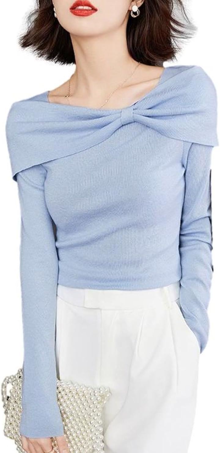 ボートネックニットトップス リボンモチーフ 薄手 やわらか スリムフィット 10分袖 首元リボン 細見え 都会的 大人可愛い ニットセーター フェミニン 清楚 華奢魅せ(ブルー, M)