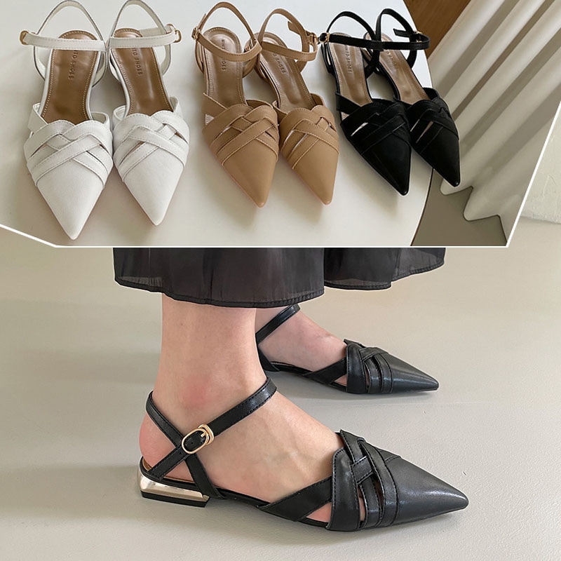 3color ユニークなメタリックヒール 本革(牛革) 編み込みデザイン ポインテッドトゥ バックストラップ付き ローヒール スリングバックパンプス