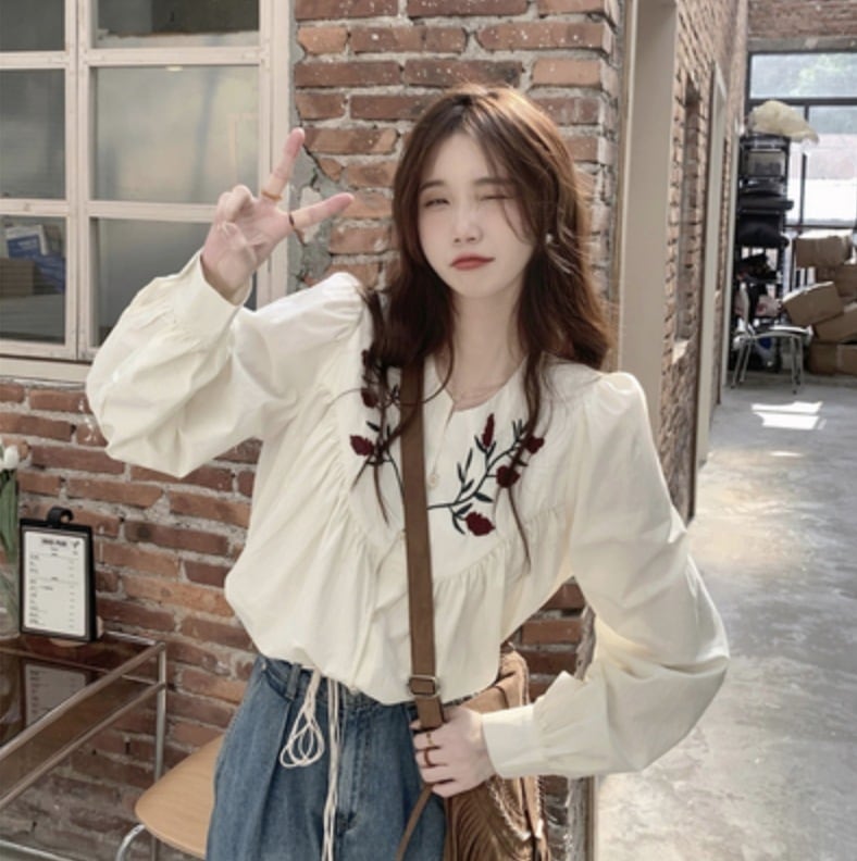 トップス シャツ ブラウス カットソー 袖あり 長袖 刺繍 かわいい 大人可愛い きれいめ シンプル カジュアル 大人 上品 おしゃれ お洒落 かっこいい レトロ 大人女子 こなれ感 個性的 クール
