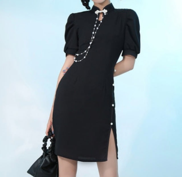 ワンピース ドレス ミニ 半袖 キーネック チャイナ スリット かわいい 大人可愛い きれいめ シンプル 上品 おしゃれ 春 夏 デート お出かけ イベント パーティ 韓国 L XL 黒