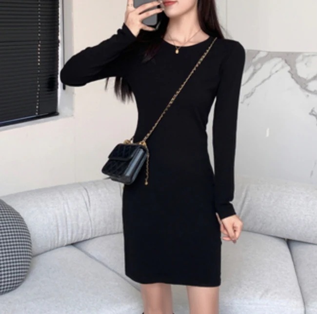 ワンピース デート かわいい 大人可愛い きれいめ シンプル カジュアル 大人 上品 おしゃれ ラウンドネック 長袖 ミニ丈 リブ 無地 ブラック 2XL タイト 春 秋 韓国 コーデ モテ 休日