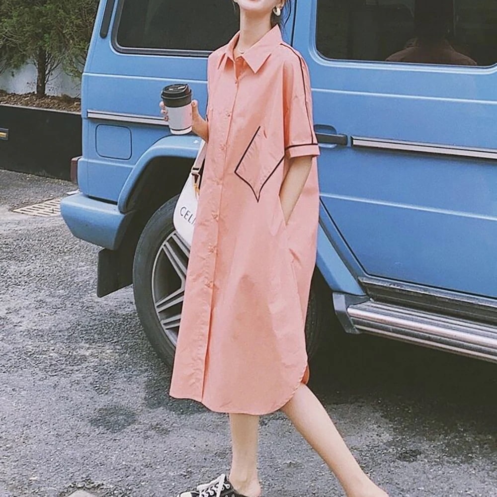 シャツワンピース ワンピース シャツワンピース 膝丈 ひざ丈 袖あり 半袖 襟付き スリット サイドスリット 前開き 綿 かわいい 大人可愛い きれいめ シンプル カジュアル 大人 おしゃれ お洒落