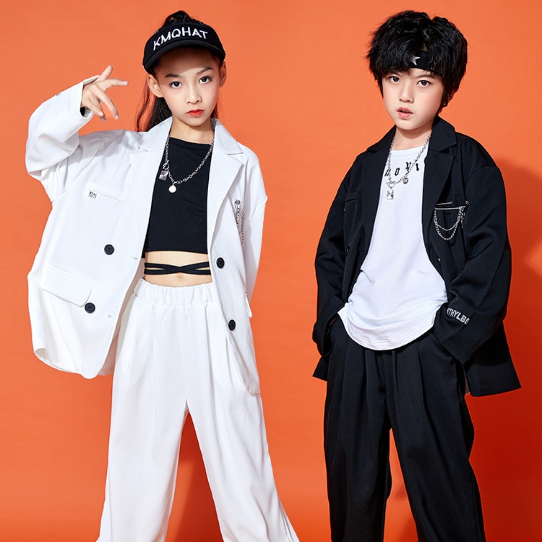 キッズダンス衣装 セットアップ 長袖 ブラック ホワイト ジャケット スーツ 女の子 男の子 舞台服