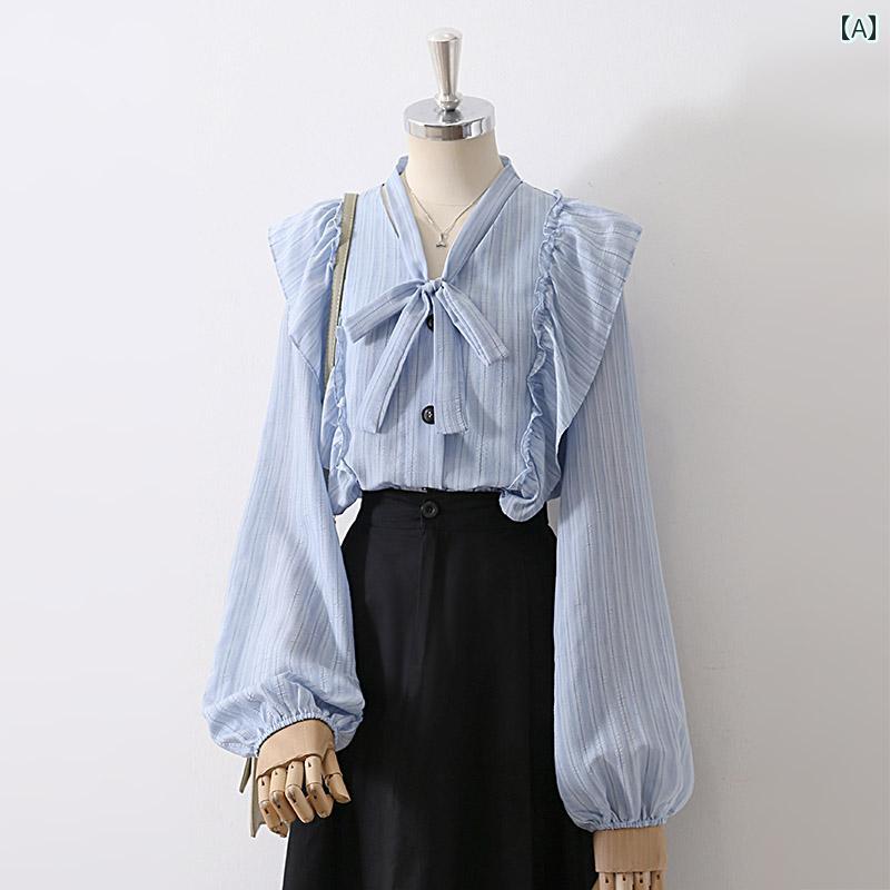 レディース フリルシャツ ブラウス 長袖 春秋 薄青 縦ストライプ フロントフリル リボンタイ 蝶むずび Vネック ランタンスリーブ シングルブレスト ボタン装飾 エレガント スイート ボヘミアン