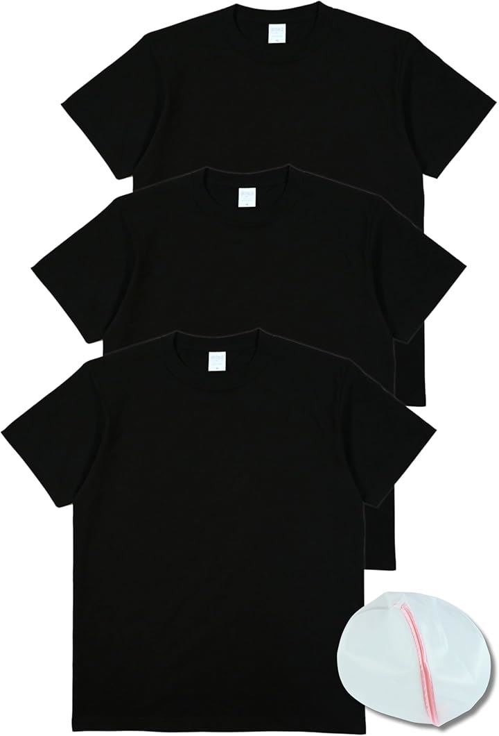 Tシャツ メンズ 厚手 綿100％ 半袖 クルーネック 無地 白 黒 ヘビーウェイト ３枚組 洗濯ネット付き ３ＸＬ( ブラック, 3XL)