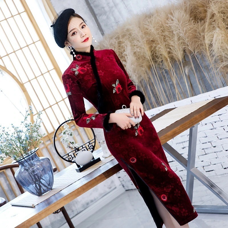 【期間限定特価】2024秋冬新作韓国ベルベットロング厚み女の子チャイナドレススリムスリム改良チャイナドレス 母の日のプレゼント
