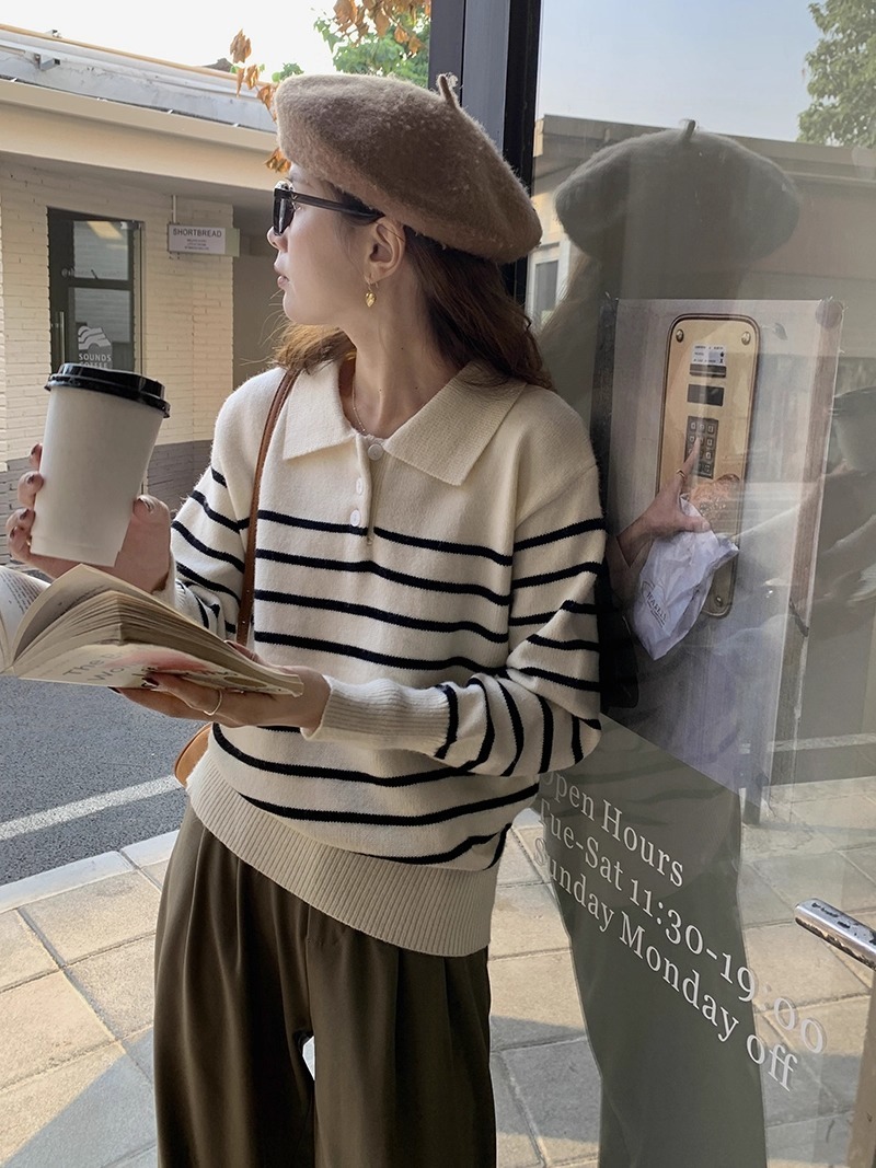 レディース トップス ニット セーター プルオーバー 長袖 Vネック 襟付き 角襟 スリム ストレート フェミニン アメカジ 中厚手 ニット かわいい 大人可愛い きれいめ シンプル カジュアル