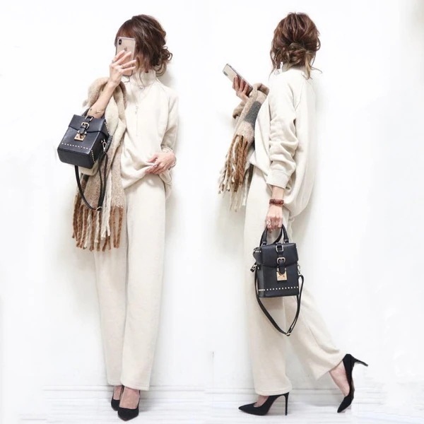 【人気沸騰】 人気上昇中 カジュアル 長袖 ハイネック ニット パンツ 無地 2点セット レディース