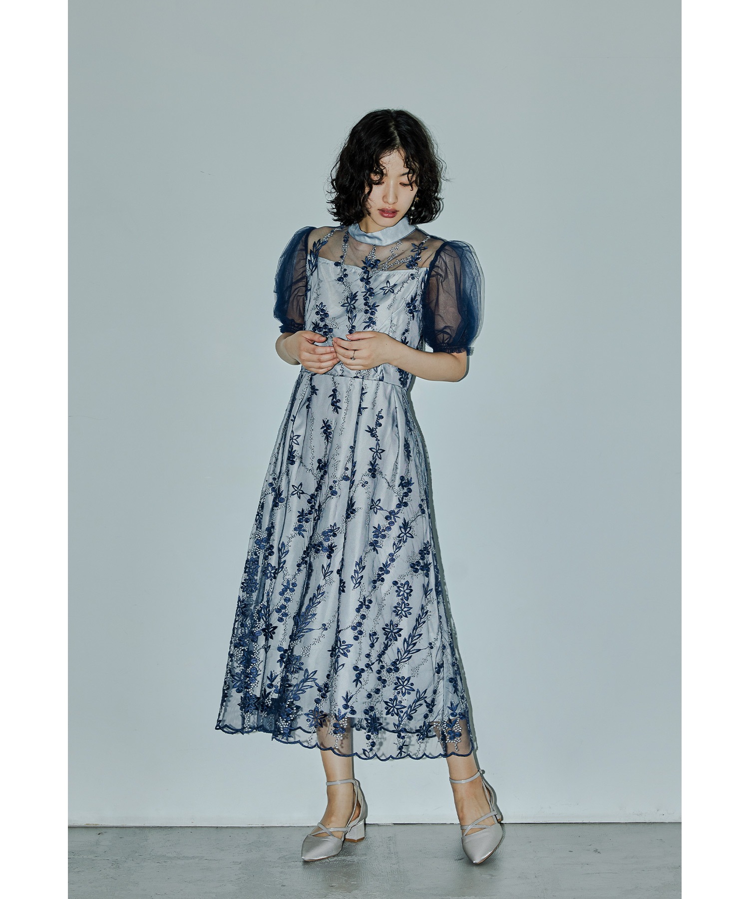 チュールパフスリーブ刺繍レースドレス パーティードレス 結婚式 レース シアー フレア バックリボン お呼ばれ パーティー 二次会 披露宴 謝恩会 成人式 同窓会 卒業式 フォーマル