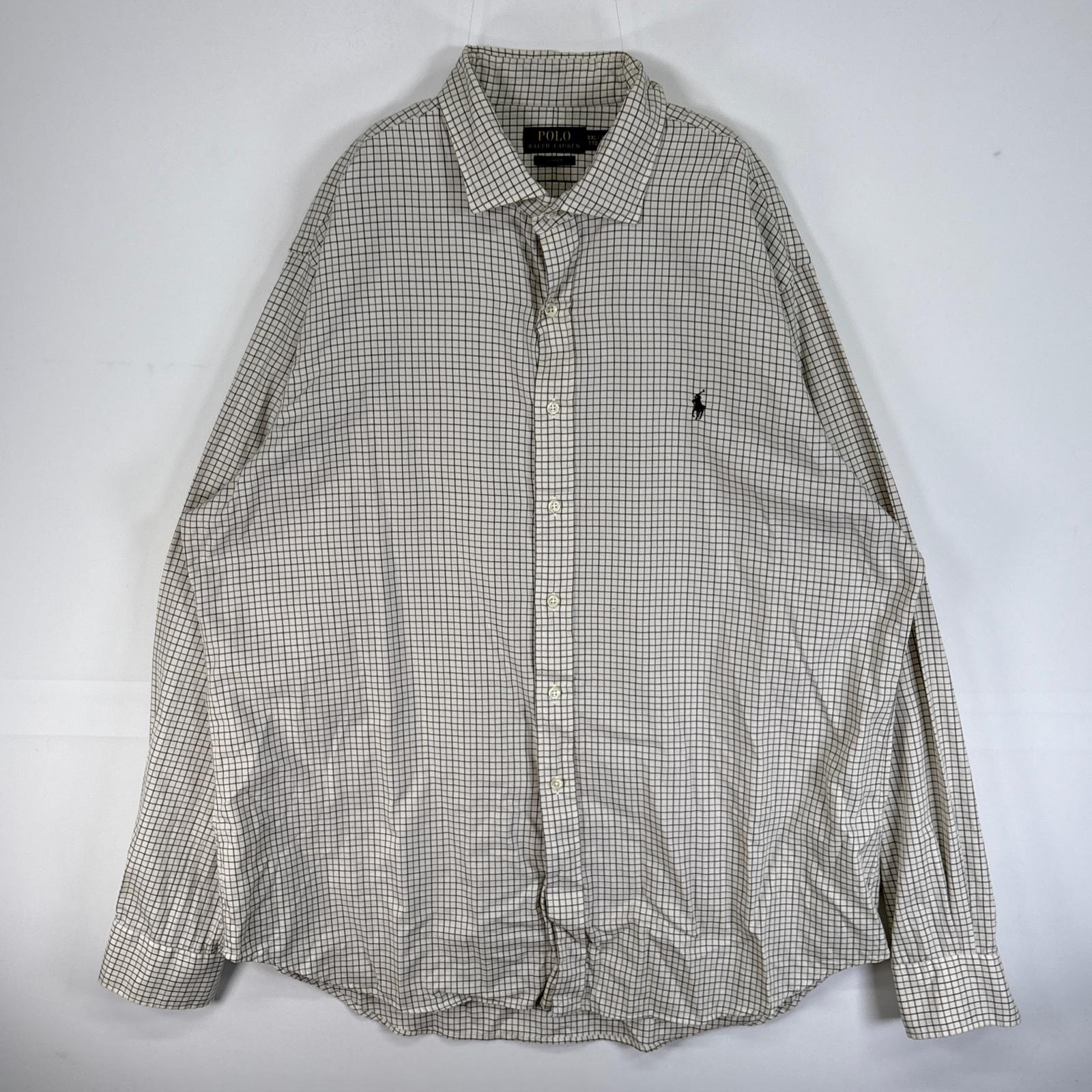 古着 長袖シャツ 大きいサイズ ロゴ 刺繍 カラーステイ XXL ホワイト系 チェック メンズ