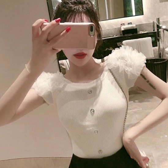 トップス ニットソー ミディアム丈 袖あり 半袖 パフスリーブ ラウンドネック スリム ストレート リブ ニット かわいい 大人可愛い きれいめ 上品 おしゃれ 大人女子 ラブリー キュート セクシー