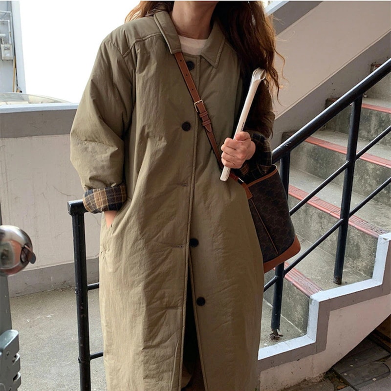 ジャンパーブルゾン 韓国 暖かい 薄手 チェック柄 コットン トレンチコート 中綿ジャケット