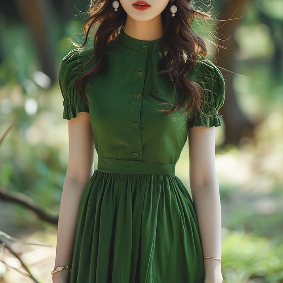 緑のドレス夏の女性のハイエンドの絶妙で優しいレディスタイルの腰を抱きしめてフランスの気質と美しい長いスカート