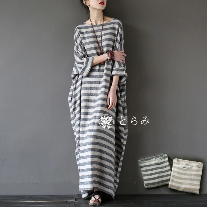 【即納】ストライプワンピース ロングワンピース リネンワンピース マキシワンピース レディース マキシワンピ ロングワンピ マキシ ロング リネン ストライプ柄ワンピース スリット 体型カバー 半袖