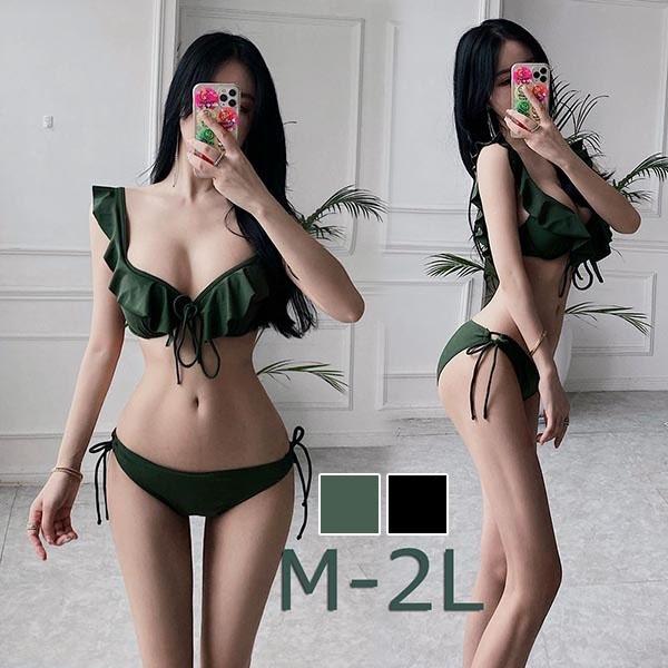 メーカー直販水着レディースビキニ フリル ビキニ リボン 紐ビキニ シンプル かっこいい 大人スタイル リボン パッド付 カーキ ブラック海 プール