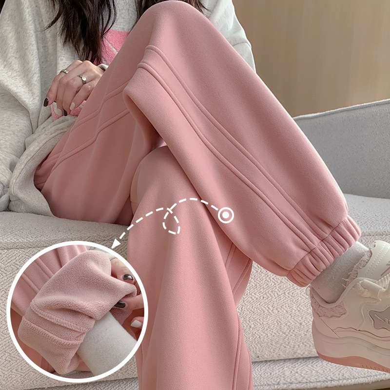 レディース用ピンクのフリース裏地スウェットパンツ2025年の新スタイルジョガーデザインのアウターウェアコットンパンツ