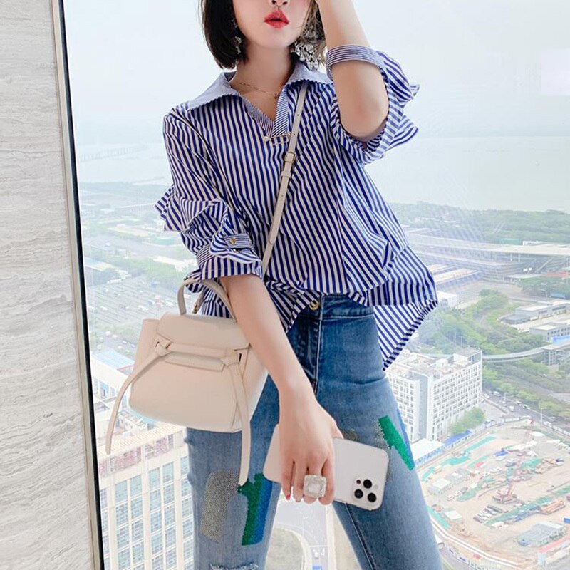 ストライプシャツ レディース トップス シャツ ブラウス 夏 サマー Vネック　ポロシャツ ストライプ柄 柄物 ウィメンズ デザイン 女性 フェミニン ガーリー 使いまわし デイリー使い ビジネス オ 5,022円