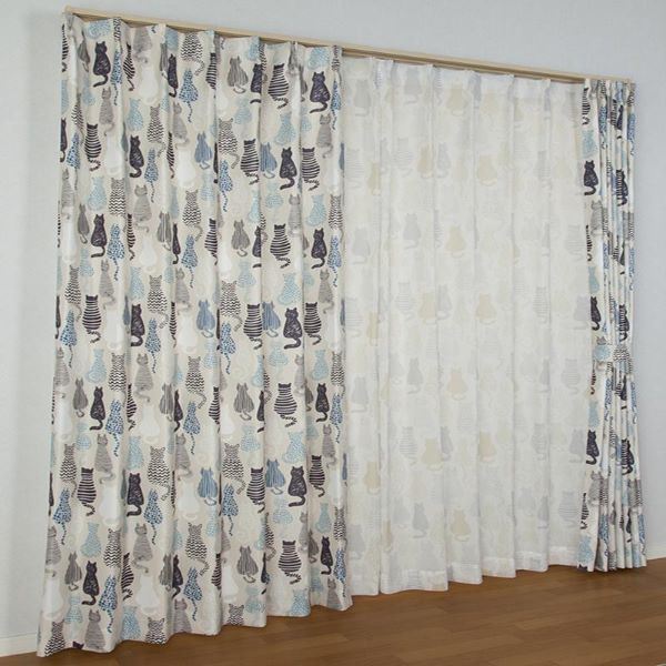 カーテン 4枚セット 約幅100x長さ200cm 猫柄 ドレープ/レースx各2枚 洗える タッセル付き 形状記憶 にゃかよし ブルー 7,844円