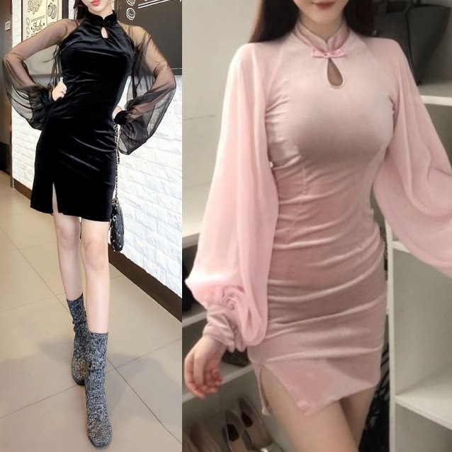 本格派ま タイト ワンピース ミニ ランタン 袖シースルー シフォン ベロア 全2色 チャイナネック ミディ丈 ドレス オプション2 ピンク