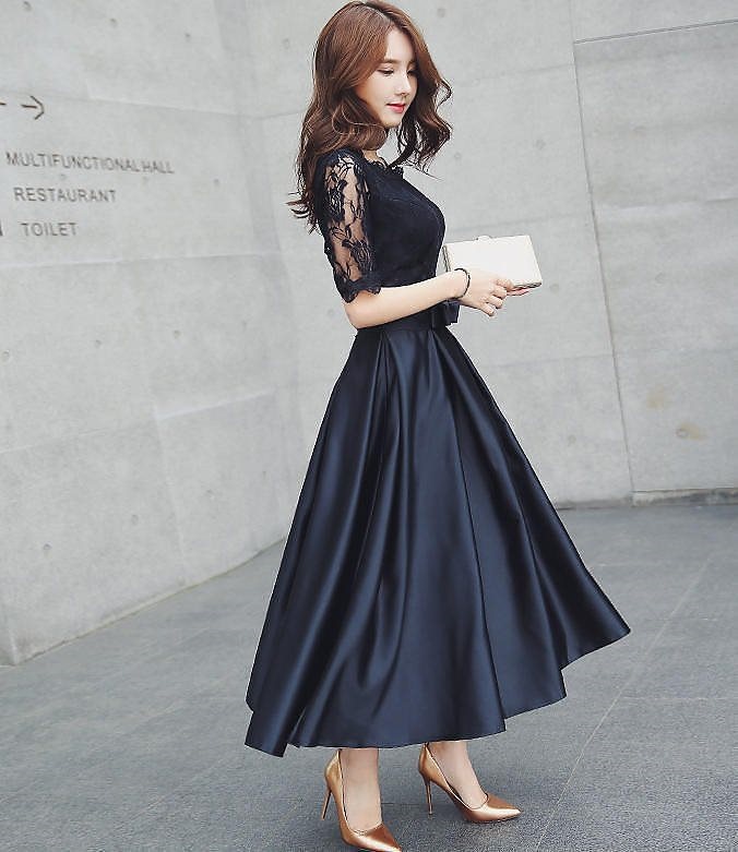 韓国 ファッション 大きいサイズ パーティードレス ロングドレス ワンピース 透け感 レース ミモレ 5,371円