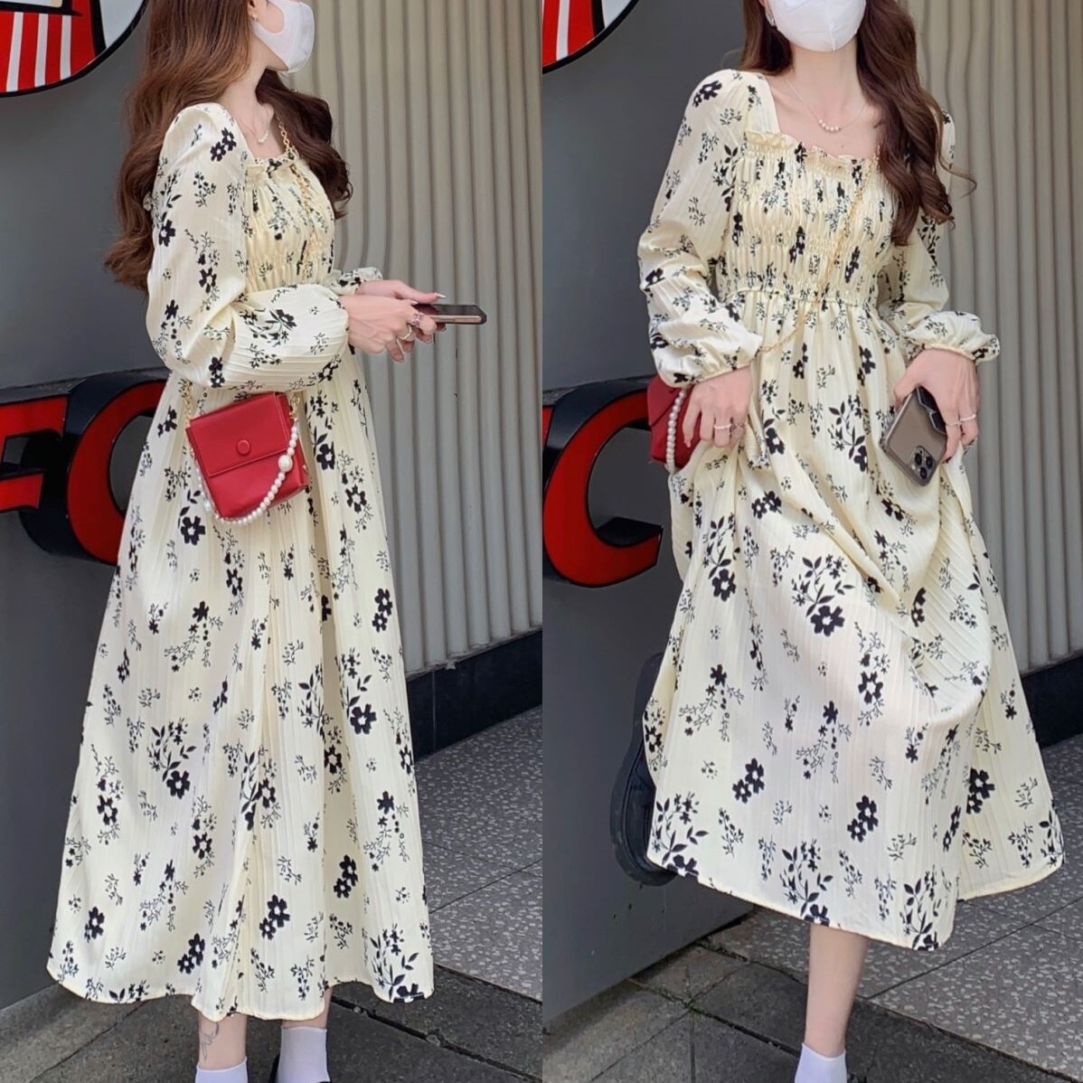 ワンピース レディース ロング ロング丈 長袖 ロングワンピース S M L XL 2XL 3XL韓国 スクエアネック Aライン フリル フレア かわいい 大人可愛い きれいめ カジュアル ボタニカル