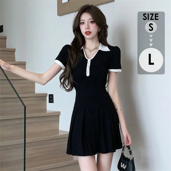 ワンピース ポロカラー ワンピース 大人可愛い 夏ワンピース Aライン 夏 半袖 レディース サマー 夏ワンピ ショート丈 レディース 体型カバー フレア 海外旅行 おしゃれ ブラック dd071c6