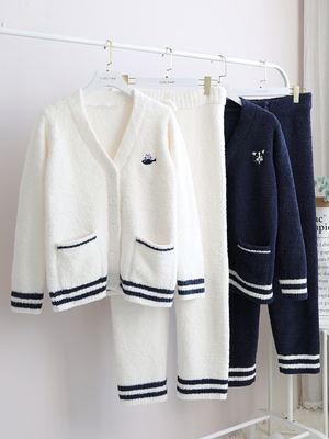 秋冬ふわふわハーフベルベット男女ル部屋着セット冬ファ斗刺繍カーディガンポケットパジャマ