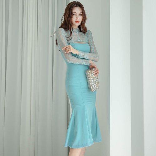 キャバドレス ナイトドレス ミディアムドレス マーメイドライン ワンピース 長袖 カットアウト デコルテ レース レディース グラシア