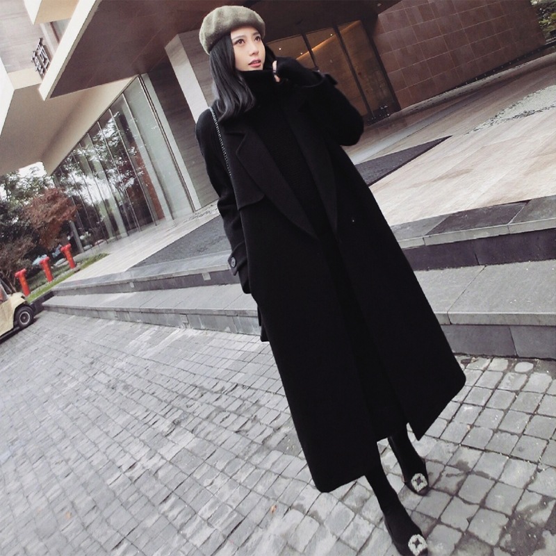アウター 上着 ロングコート 黒 ブラック 韓国流行 長袖 ウエストリボン 前開き 厚手 かわいい