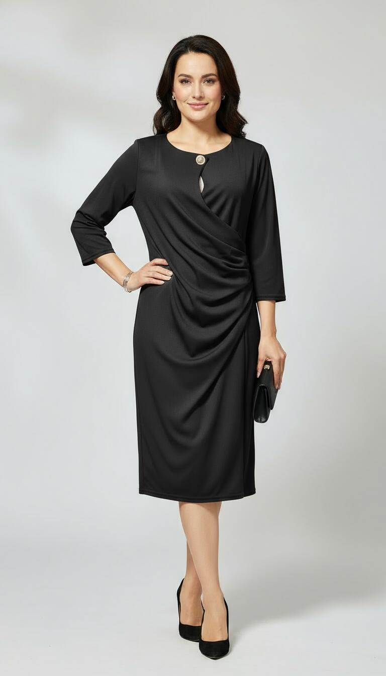 【EGERIE/エジェリ】ワンピース 七分袖 黒 ラップ風 カシュクール 膝丈 ジャージー素材 体型カバー 30代 40代 50代 オフィス フォーマル