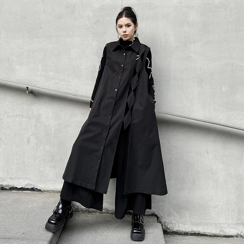 袖なしワンピース おしゃれ ベストワンピース 個性的なデザイン 秋冬 Aライン 透かし彫り レディース ノースリーブワンピース