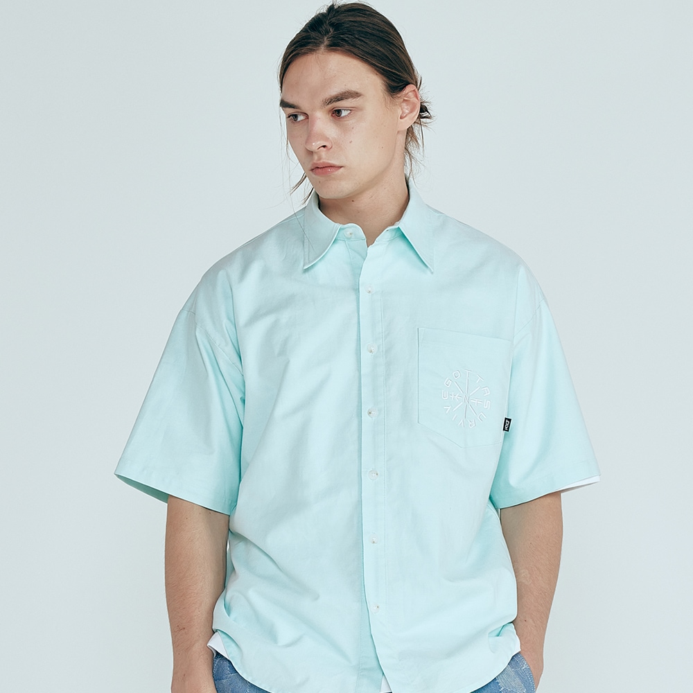 [UNISEX] [男女兼用] LOGO OXFORD SHIRT OVERFIT 刺繍 ブロード 半袖 シャツ トップス オーバーサイズ