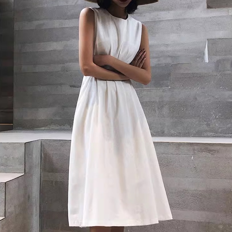 レディース スカート ワンピース ロングスカート ミモレ 袖なし ノースリーブ Aライン ポケット ハイウエスト ボタン かわいい 大人可愛い きれいめ シンプル カジュアル 上品 おしゃれ レトロ