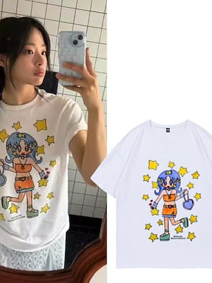 期間限定ニュージーンズ キムミンジ Minji プリント服 綿 ゆったり 万能 丸首 シンプル 半袖 Tシャツ2枚購入でカード1パスケース