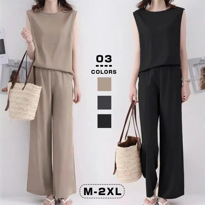 セットアップ レディース カジュアル 夏 ワイドパンツ ２点セット 30代 40代 きれいめ おしゃれ 着痩せ ワイドパンツ 体型カバー 涼しい ノースリーブ 上下セット ウエストゴム ゆったり パ