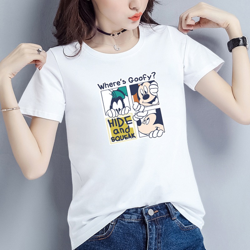 ミッキー半袖Tシャツ女性純綿ルーズサマー韓国の学生オールマッチプリントホワイトトップ