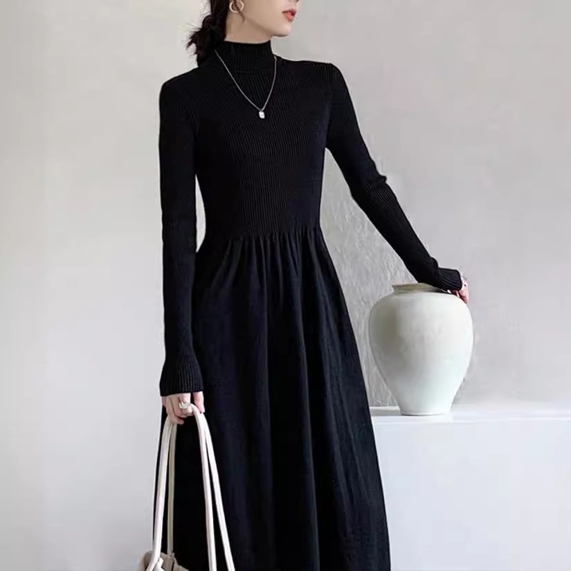 【1つ買うと10つ無料】秋と冬のニットドレスの黒い半分の首にセーターが付いたセーター付きのコート付き秋