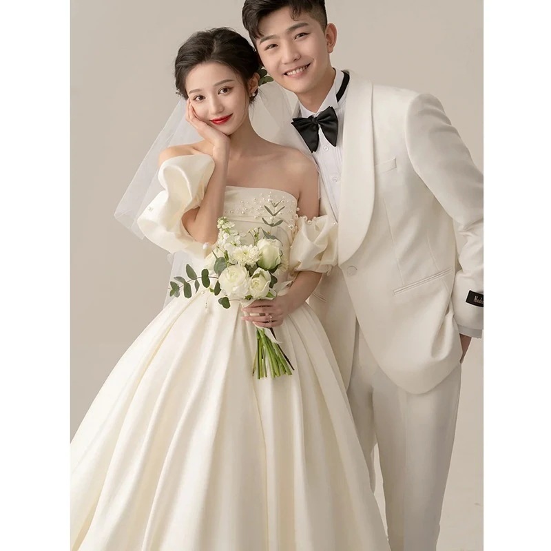 ウェディングドレス ロングドレス 結婚式 ウエディングドレス 海外 挙式 二次会 花嫁 前撮り エレガント サテン 長袖 ホワイト シンプル リゾートドレス 後撮り