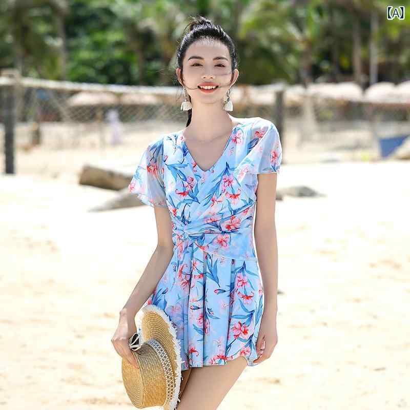 水着 おしゃれ 洋服見え 体型カバー レディース ワンピース スカート スタイル プッシュアップ 魅惑的 スリム お腹カバー 花柄 半袖 温泉 旅行 プール リゾート ビーチ レジャー