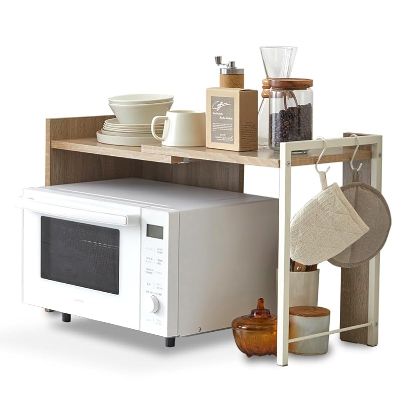 【即納】アイリスオーヤマ レンジラック レンジ台 キッチンラック 棚 キッチン収納 伸縮タイプ(幅約43cm~73.7cm) ホワイト×ナチュラル キッチンスペース有効活用 天板高さ3段階調節可能 ワ 4,665円