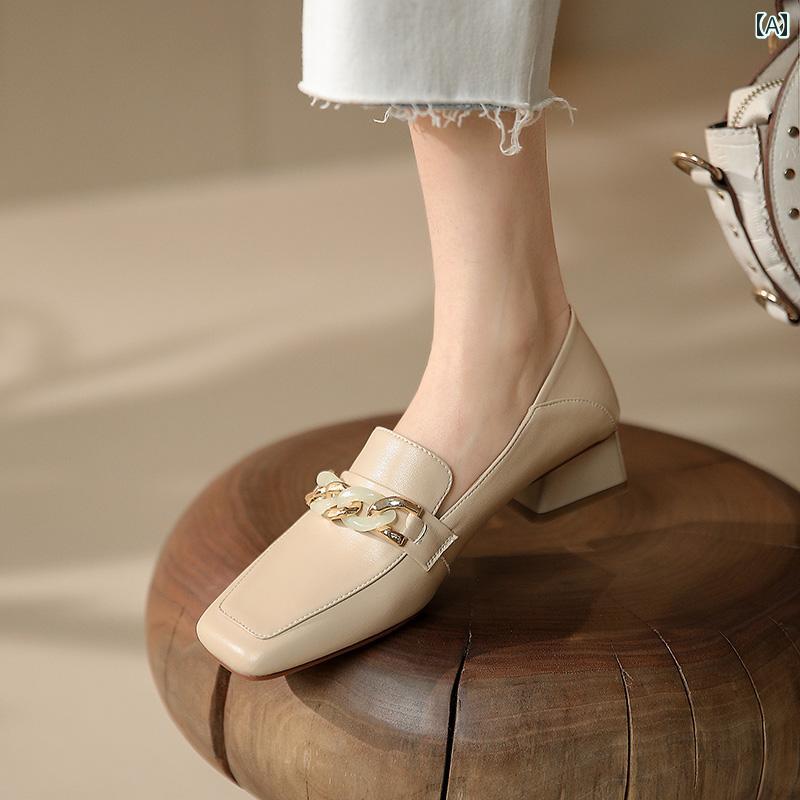 ローファー レディース オフィス 通勤 仕事 英国 大きめ サイズ 女性 靴 初春 太い ヒール シングル シューズ 女性 スクエアトゥ 革 ミッド ヒール